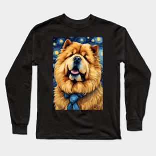 Chow Chow Dog Breed Painting in a Van Gogh Starry Night Art Style Long Sleeve T-Shirt